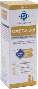 PET360 Omega 3+6 Concentrated Salmon Fish Oil with Vitamins, Minerals & Taurine, Advanced Skin & Coat Formula for Dogs & Cats Pet Health Supplements