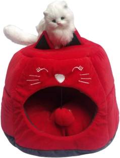 PetFur Cat House Soft Hut Frustum-Shape Bed Hideout with Removable Cushion (Color- Red) Dog, Cat, Rabbit, Guinea Pig, Hamster, Turtle, Mouse House
