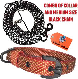 SUPER CHAIN PREMIUM 3D PRINTED Collar Combo With Diamond Cut Black Dog Chain (MEDIUM) 160 cm Dog Chain Leash