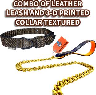 SUPER CHAIN COMBO Dog Leather Leash And Dog Collar 3-D Printed Black(MEDIUM) 130 cm Dog Chain Leash
