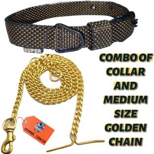 SUPER CHAIN PREMIUM 3D PRINTED Collar Combo With Diamond Cut Gold Dog Chain(MEDIUM) 160 cm Dog Chain Leash