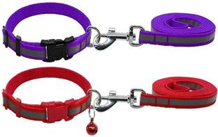 W9 Set of 2 Nylon Leash Collar Set for Small Puppy-Width-1.5 cm- (Black & Purple) 120 cm Dog & Cat Strap Leash