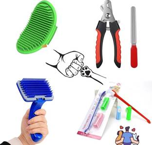 Petfun PET GROOMING KIT 4 TOOTHBRUSH NAIL CLIPPER MASSAGER SLICKER BRUSH Grooming Gloves for Dog & Cat, Dog, Cat, Rabbit