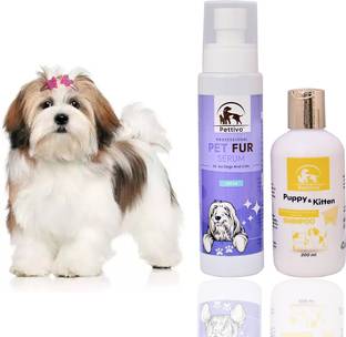 Pettivo Puppy & Kitten Shampoo 200 Ml+Pet Fur Serum 200 Ml Combo Pack Conditioning, Whitening and Color Enhancing Coco Fragrance, Green Apple Dog Shampoo