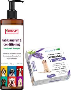 ROMSAY Anti-Dandruff & Conditioning Eucalyptus Dog Shampoo 200ml + Lavender Soap 75GM Allergy Relief, Anti-dandruff, Anti-fungal, Anti-itching, Conditioning, Hypoallergenic Fresh Notes, Eucalyptus Mint, Lavender Dog Shampoo