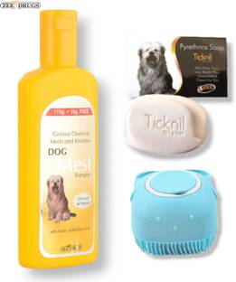 DogMest DogMest Shampoo 200ml, Ticknil Soap 75gm and soft Bath Brush. Anti-dandruff, Anti-fungal, Anti-itching, Flea and Tick Floral Dog Shampoo