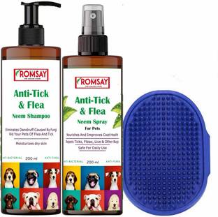 ROMSAY Anti-tick & Flea Neem Dog Shampoo + Anti-Tick & Flea Neem Spray + Bathing Brush Allergy Relief, Anti-fungal, Anti-itching, Anti-microbial, Flea and Tick, Anti-dandruff Fresh Notes, Neem Dog Shampoo