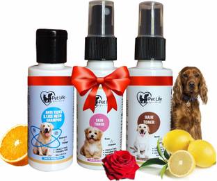 Pet Life Anti Ticks Fleas Dog Shampoo 60ml+ Dog Skin Toner 60ml+ Hair Toner Spray 60ml- Flea and Tick, Anti-itching, Allergy Relief, Anti-fungal Fresh Fragrance, Help in Skin Allergy, Redness, Control Hair Fall, All Dog Breed Dog Shampoo