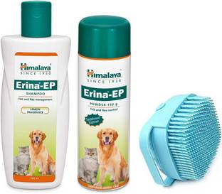 Himalaya Herbals Erina ep dog shampoo and powder combo with bath brush Anti-dandruff, Anti-parasitic, Flea and Tick lemon Dog Shampoo