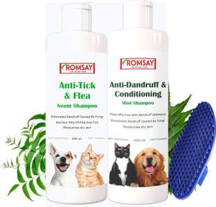 ROMSAY Tick & Flea Neem Shampoo + Anti Dandruff & Conditioning Mint Shampoo + Pet Brush Allergy Relief, Anti-dandruff, Flea and Tick, Anti-microbial, Anti-itching, Hypoallergenic Neem, Mint Dog Shampoo