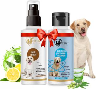 Pet Life Anti Ticks & Lice Neem Dog Shampoo 60ml + Dog Hair Toner Spray 60ml Flea and Tick, Anti-fungal, Anti-itching Fresh Fragrance, Control Hair Fall, All Dog Breed Dog Shampoo