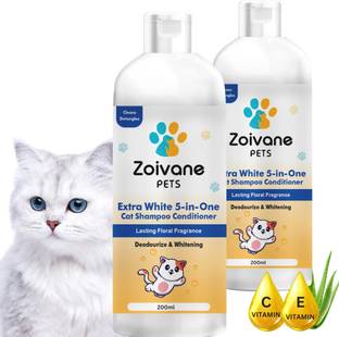 Zoivane Extra White 5 in 1 Cat Shampoo & Conditioner, Aloe Vera - 200 ML Pack of 2 Allergy Relief, Anti-microbial, Conditioning, Whitening and Color Enhancing Floral and Sweet Cat Shampoo