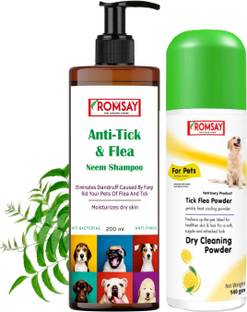 ROMSAY Anti-Tick & Flea Neem Shampoo 200ML + Tick & Flea Lemon Powder 140GM For Pets Allergy Relief, Anti-fungal, Anti-itching, Flea and Tick, Hypoallergenic Fresh Notes, Neem, Lemon Dog Shampoo