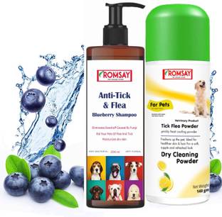 रॉमसे Tick & Flea Blueberry Shampoo 200ML + Tick & Flea Lemon Powder 140GM For Pets फ़्ली और टिक, एलर्जी रिलीफ, एंटी-इचिंग, एंटी-फंगल, एंटी-माइक्रोबियल, इच रिलीफ ब्लूबेरी, लेमन डॉग, बिल्ली शैम्पू