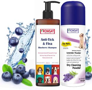 ROMSAY Anti-Tick & Flea Blueberry Shampoo 200ML + Lavender Powder 140GM For Pets Allergy Relief, Anti-fungal, Anti-itching, Flea and Tick, Itch Relief, Hypoallergenic Blueberry, Lavender Dog, Cat Shampoo