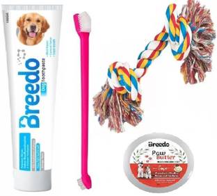 Breedo (Combo of 4) Toothpaste + Chew Rope Toy + Paw Butter + Teeth Brush Pet Toothpaste
