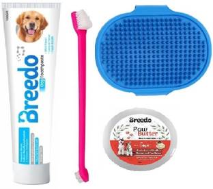 Breedo (Combo of 4) Toothpaste + Bath Gloves + Paw Butter + Teeth Brush Pet Toothpaste