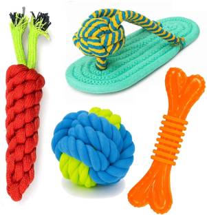 YOUHAVEDEAL Dog Toys Combo Cotton Chew Rope Slipper Dog Toys for Teething Playing Fun Toy + Gums Massage + Stress Relief Chew Rope Toy + Rubber Flavoured Chew Bone Suitable Small and Medium Puppies Pack of 4 (Color May Vary) Cotton Ball, Bone, Fetch Toy, Tug Toy, Training Aid, Chew Toy For Dog