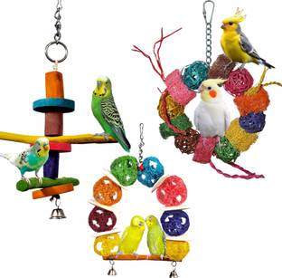 Addy ADDY BIRD TOY | Set of 3 | Cuttlebone | Bird Treat | Foraging | Wooden Perch, Bone, Chew Toy, Ball, Stick, Training Aid For Bird