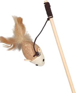 FAB TECH Cat Teaser Toy Stick | Wooden Wand with Feather Mouse & Bell, Wooden, Cotton Fetch Toy, Stick For Dog & Cat