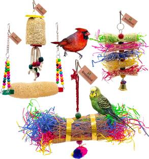 GREENBIRDS Combo Of 4 Bird Toys Swing, Foraging Shredder Toys Cage Hanging Bird & Parrot Wooden Chew Toy, Training Aid, Perch For Bird