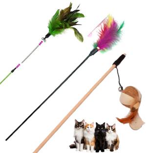 Pet Guard Teaser Playing Stick and Feather Interactive Teasing Wand 3 pcs combo Wooden, Plastic Stick For Cat
