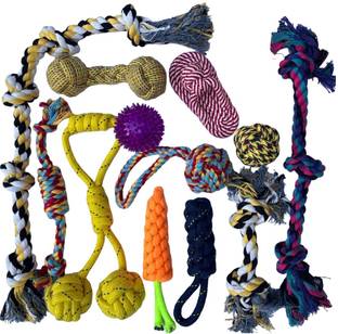 WAGGY TAILS Interactive Chew Toys Set for Small, Medium & Large Dogs 12 in 1 Mega Combo Cotton, Rubber Ball, Chew Toy, Training Aid, Rubber Toy, Squeaky Toy, Tough Toy For Dog