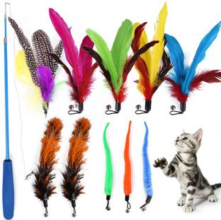 PATPAT 11 Piece Cat Toy Set with Retractable Wands and Feather Worm Toys Cotton Fetch Toy For Dog & Cat