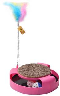 Foodie Puppies Interactive Pet Cat Scratching Pad with Feather Teaser & Spinning Bell Ball Toys Plastic Ball, Stick For Cat