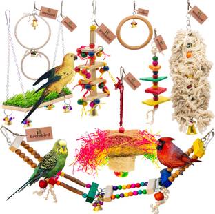 GREENBIRDS Combo Of 8 Bird Toys Swing, Perches, Foraging Shredder Toys For Bird & Parrot Wooden Chew Toy, Training Aid, Perch For Bird