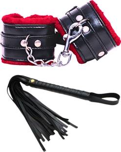 cinrada Handcuff & Flogger Premium Soft Leather Red&Black 2 Pcs combo For Couple Leather Soft Toy For Dog