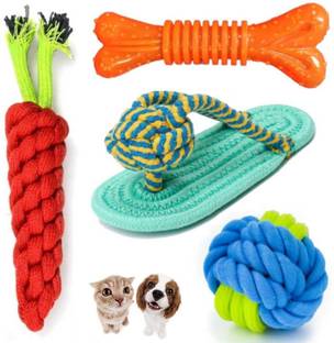 YOUHAVEDEAL Dog Toys Combo Cotton Chew Rope Slipper Dog Toys for Teething Playing Fun Toy + Gums Massage + Stress Relief Chew Rope Toy + Rubber Flavoured Chew Bone Suitable Small and Medium Puppies Pack of 4 (Color May Vary) Cotton, Rubber Ball, Chew Toy, Bone, Training Aid For Dog