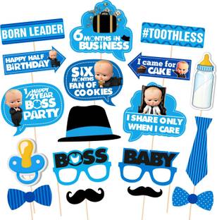 ZYOZI Boss Baby Half Birthday Photo Booth Props 18 Pieces with Wooden Sticks for Boss Baby 1/2 Birthday Party Decorations,Baby Boss 6 Month Birthday Party Supplies Photo Booth Board Photo Booth Board