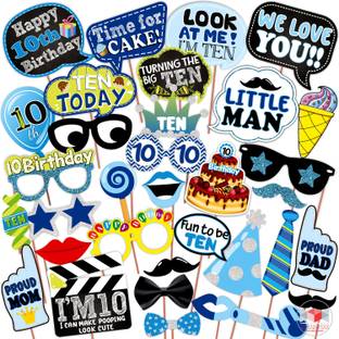 Wobbox Tenth Birthday Photo Booth Party Props Blue, 10th Birthday Decorations for Boys Photo Booth Board