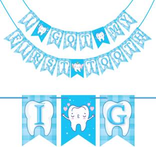 Wobbox I Got My 1st Tooth Check Pattern Bunting Banner, First Tooth Decoration Banner