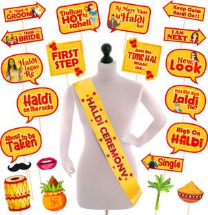 ZYOZI 21 Pcs Haldi Props for Photoshoot With 1 Pc Haldi Ceremony Sash for Wedding Photo Booth Board