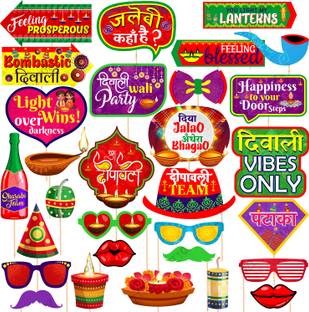 ZYOZI MultiColor Diwali Decorations Photo Booth,Festival of Lights Props (Pack Of 30) Photo Booth Board