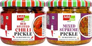 Add me Rajasthani Mix Achar Homemade Mixed Supreme Mango Chilli Lemon Carrot ker Ginger karonda lasoda Fruit Pickle 200gm & Red Stuffed Pickle, bharwa lal mirch 200gm Combo Pack Glass Jar Mango Pickle