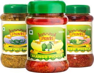 pravin Achar Combo of 3 Jar Green Chilli, Mango, Mixed Pickle
