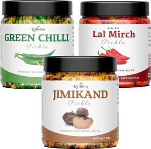 Relishta Jimikand Green Chilli & Lal Mirch Pickle Achar Combo (3x250G) Less Oil Homemade Mixed Vegetable Pickle