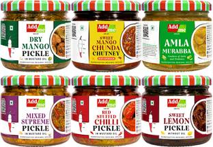 Add me Combo Pack 6 in 1 Dry Mango 150gm + Mixed Supreme Pickle 200gm + amla murabba 200gm + Lemon Pickle 200gm + Chilli pikcle 200gm + Sweet Mango jeera Chutney 200gm Glass Pack Mango Pickle