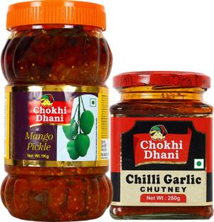 Chokhi Dhani Chilli Garlic Chutney, Mango Combo, Spicy & Tasty Mixed Vegetable Pickle