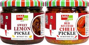 Add me Lemon Pickle Sweet and Sour Without Oil Lime Pickle Nimbu Ka Achar & Red Stuffed Chilli Pickle lal mirchi ka Bharwa achar 200gm Each Pickles Glass Pack Lemon Pickle