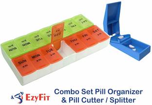 Ezyfit 7 Days Weekly Pill AM PM Organizer Combo Set of Pill Organizer & Pill Splitter for Cutting Pills in Half (Blue) Pill Box