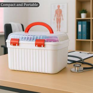Kuber Industries 30-day Plastic Rectangular Medicine Box for Home | First Aid Kit | Red & White Pill Box