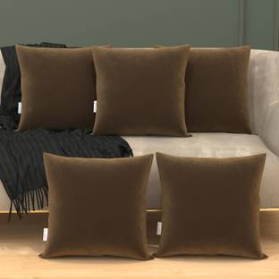 MY ARMOR Microfibre Cushion Pack of 5 Solid Square Pillow Cushions for Sofa & Bed (16"x16") with Brown Velvet outer Cover