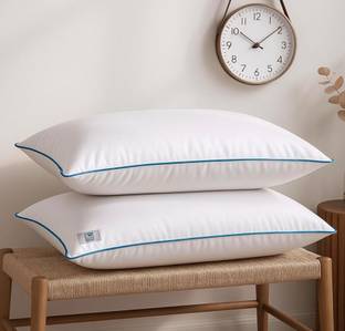 THE WOOD WHITE INDIA Microfibre Sleeping Pillow Pack of 2 Solid Basic White Pillow Set of 2 in 41 x 61 cm with Blue Border