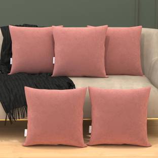 MY ARMOR Square Pillow Cushions for Sofa & Bed (16"x16") with Peach Velvet outer Cover Microfibre Solid Cushion Pack of 5