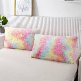 PICKKART Fluffy Rectangle Shape Bed Pillow, Set of 2 - Multicolored Tie-Dye Fur Cushion Microfibre Solid Cushion Pack of 2
