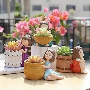 Vikarafty Cute Beautiful Combo Pack Of 4 Girls Succulent Planter Pot Resin Creative Flower Plant Container Set